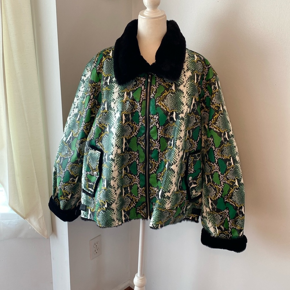 Green Snake Print Women's Jacket with Black Trim